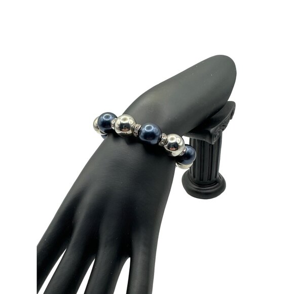 Silver and Blue Beaded Stretch Bracelet with Rhinestone Rondelle Spacers - Picture 3 of 5